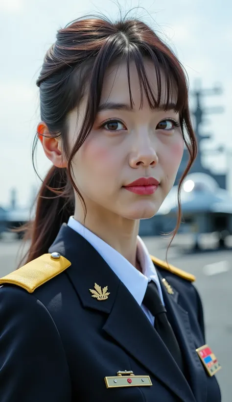  Documentary Photos ,  photorealistic,  super real, ( very pretty young Japanese woman ,   Her beautiful face looks like a famous Japanese idol:1.3), (  a Japanese girl transformed into a super cute face  ), ( Japanese Navy's huge aircraft carrier crew ), ...