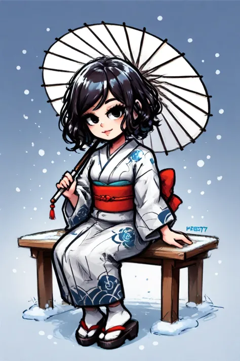 A Japanese grandma. She has short, curly black hair. She is holding a Japanese umbrella. She is wearing a dark gray Japanese kimono that reaches down to her ankles. A full-body figure drawn in the style of American comics. Super high resolution, super deta...