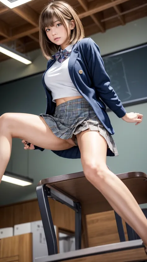 Product quality,  seat, (Well-balanced), (  taken from below: 1.4),( thigh emphasis :1.4), young and cute Japanese woman  ,   daytime, (  high school classroom  : 1.2), Women's uniform  , blazer, ( Ultra Short Blue Plaid Micro Mini Skirt with Drifting Hair...