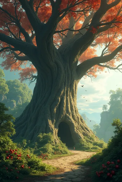 A giant tree with red fruits 