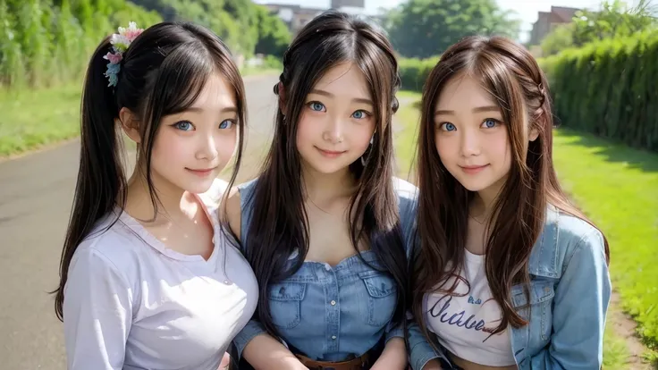 ( 3 girls),smile、   Look into the camera   、    Diamond Necklace、Pigtail  ,   Wear it with a denim skirt   ..( )、    smooth material   ,      slippery and elastic      ..、    revealing upper arms    、  , blue-green striped socks , Knee Length   ,   extra l...