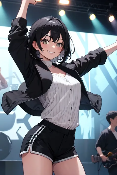 Shoulder-length black hair, black jacket with white stripes on open arms,  white blouse, shorts,  smile, disheveled, Dancing 