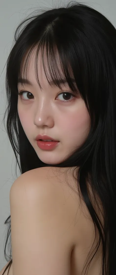 yung, 3 garotas, 3 irmas, selfie, s, korean, idol, magro , olhos puxados, olhos grandes, franja separada do lado direito , youthful appearance , light black hair , detalhes eyes, pupil , iris, smiling, grin, Rounded face, youthful appearance , sentada na b...