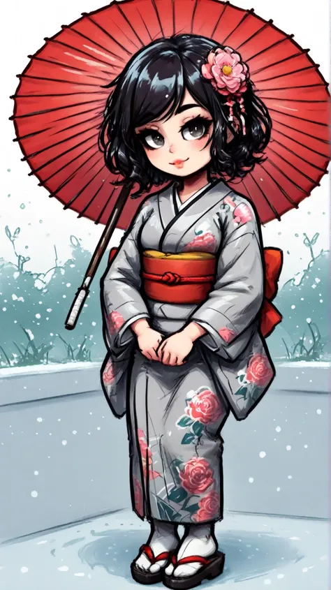 A Japanese grandma. She has short, curly black hair. She is holding a Japanese umbrella. She is wearing a dark gray Japanese kimono that reaches down to her ankles. A full-body figure drawn in the style of American comics. Super high resolution, super deta...