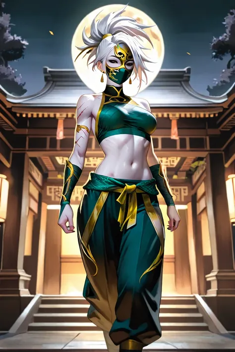 girl, white skin, medium breasts, akali style hair, white hair, black eyes, cut scars on the arms except on the face, defined body, top showing ninja style belly, wide ninja style pants, black and gold colors, earrings, power to control the wind, Akali mas...