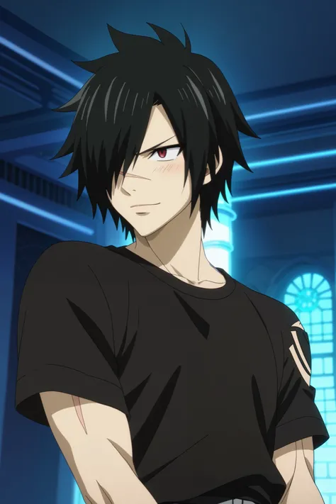 score_9, score_8_up, score_7_up, source_anime, rating_safe, intricate details, anime screencap, 1boy, solo, male focus, rogue_cheney, black hair, red eyes, hair over one eye, scar, tattoo, happy, cute boy expression, closed-mouth smile, relaxed eyebrows, b...