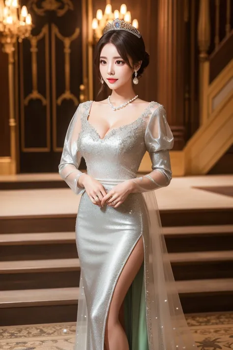  1 girl　In front of the stairs in the ceremony hall　brown　 short ponytail hair　Jade green eyes　 earrings　 necklace　Pearl Tiara　sparkling white princess dress　embellished dress　Comes with a sleeve　Very long skirt　 black tights　Silver high heels　Big Breasts　...