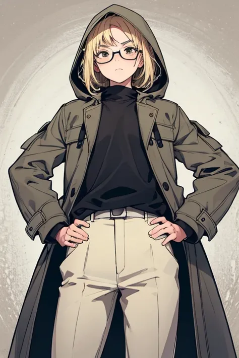  blond hair,  light brown eyes , lentes, Grey coat, hood, puffed cheeks, hands on hips, 