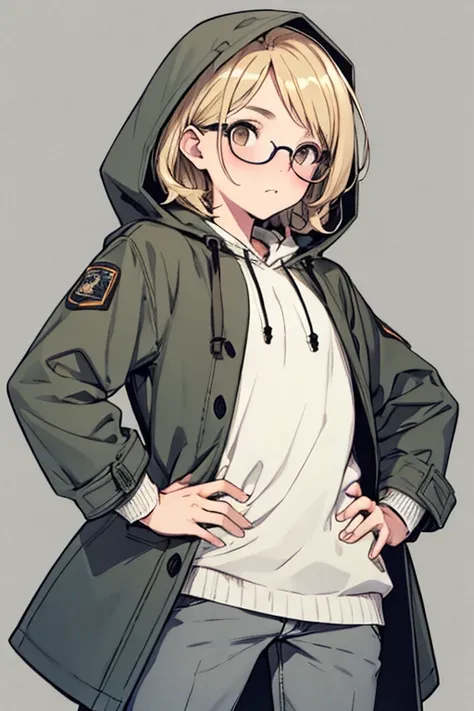  blond hair,  light brown eyes , lentes, Grey coat, hood, puffed cheeks, hands on hips, 