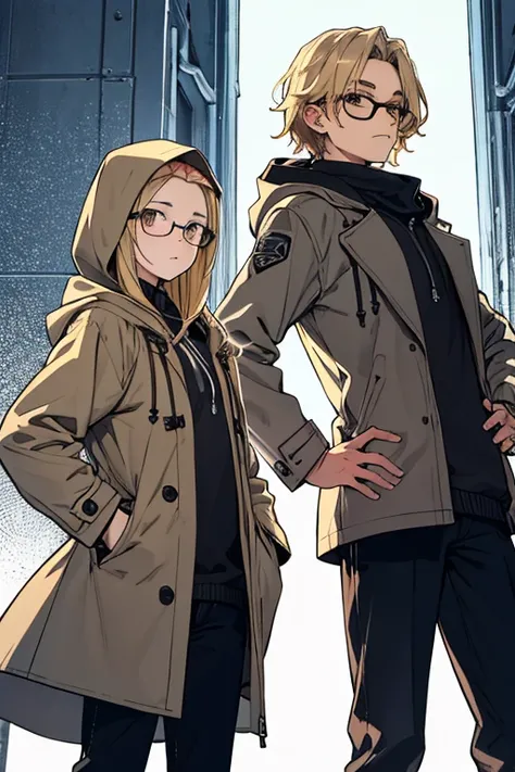  blond hair,  light brown eyes , lentes, Grey coat, hood, puffed cheeks, hands on hips, 