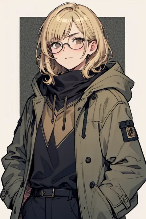  blond hair,  light brown eyes , lentes, Grey coat, hood, puffed cheeks, hands on hips, 