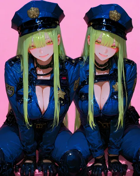 8K wallpaper、 Masterpiece、最   high quality  、   high quality  、  very aesthetic、   absurd、 latest、   in the seat、   green hair、  long hair、police officer、  very big breasts、smile、、 Light Pink Background、 simple background、   Viewer、   photorealistic、  Sexy...