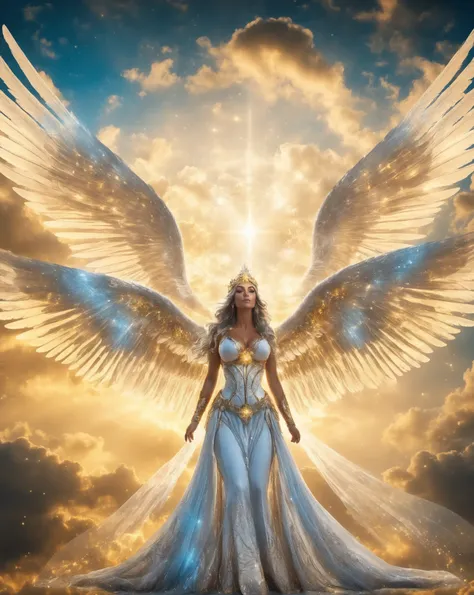 A majestic angel with ((six large spiritual wings)) glows softly with (a divine aura). The female angel has a serene expression with golden eyes, a beautiful feather headdress on her head, and silver hair flowing down her back. Her ((six large symmetrical ...