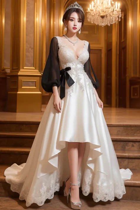  1 girl　In front of the stairs in the ceremony hall　brown　 short ponytail hair　Jade green eyes　 earrings　 necklace　Pearl Tiara　sparkling white princess dress　embellished dress　Comes with a sleeve　Very long skirt　 black tights　Silver high heels　Big Breasts　...