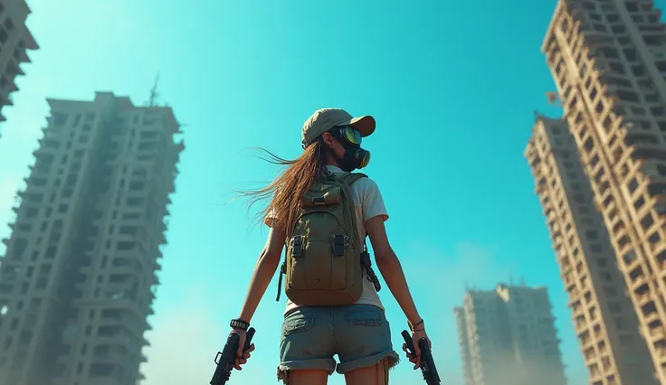 Under the clear blue sky of ruined high-rise buildings in dystopia, a girl wearing a hat is standing looking at the sky. The girl is spinning a pistol in both hands and is wearing goggles and a gas mask on her head