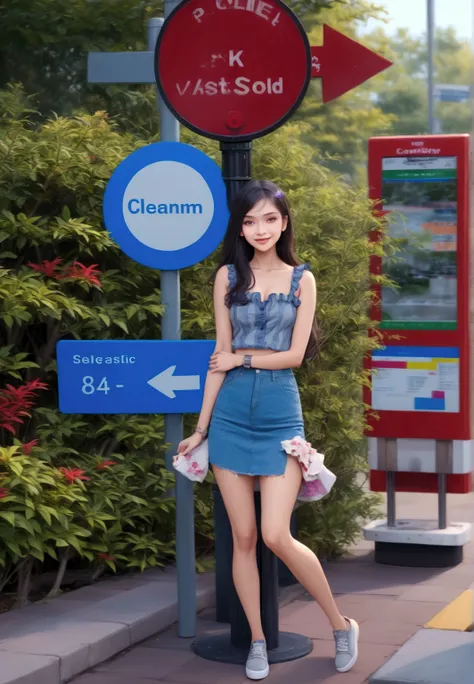 young woman ,  near bus stop sign pole, surrounding by green plants, BREAK, (+forehead, side-parted hair, long hair, curly hair, black hair),  BREAK, (yellow cardigan), gray sleeveless blouse,  denim pencil skirt,  BREAK, (1girl, solo, full body), (best qu...