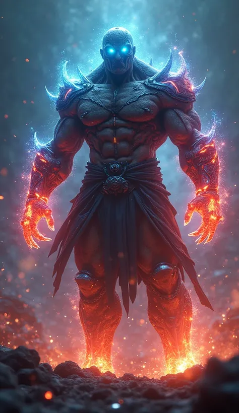 with glowing shine eyes in energy power, in vivid vibrant colors, [ZINEDINE ZIDANE] as a epic fighter WITH SOME ARMOR OR SUIT LIKE MORTAL KOMBAT, very giant and muscle in an epic apocalyptic particles style arena, surreal, but realistic, 4k, photorrealisti...