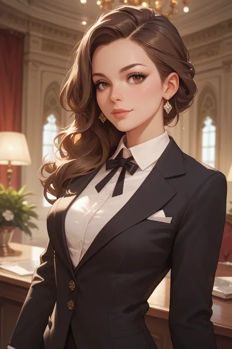  girl,  BROWN HAIR,  brown eyes, haughty look, Dressed in a formal suit 