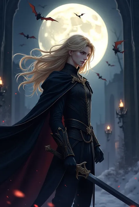  loose waves 、 blonde、Golden Eye、 semi-long hair、Fair skin、Handsome guy with a beautiful face、Aristocrat style costume、I'm wearing a jet black cloak、Castlevania entrance、 full moon、Sword in Hand 、Bats、 is fighting