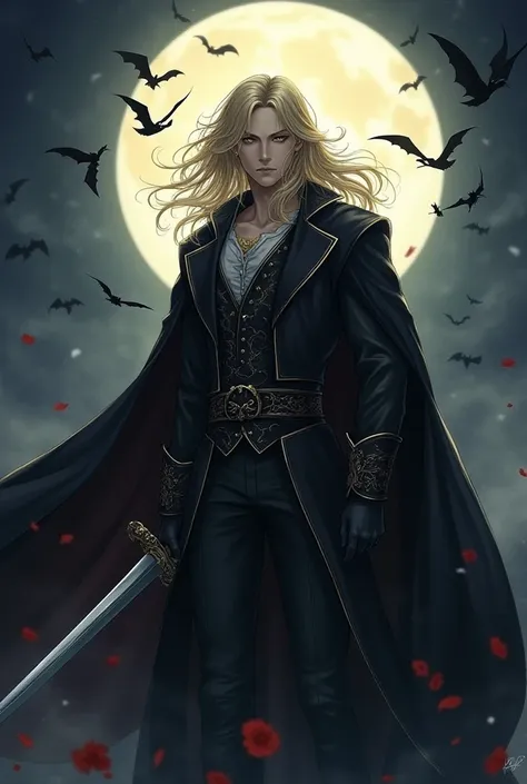  loose waves 、 blonde、Golden Eye、 semi-long hair、Fair skin、Handsome guy with a beautiful face、Aristocrat style costume、I'm wearing a jet black cloak、Castlevania entrance、 full moon、Sword in Hand 、Bats、 is fighting