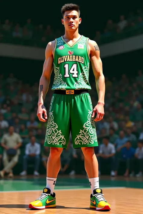 Basketball uniform green and white, carabao logo, LGU Pulilan Team, number 14, tribal style design