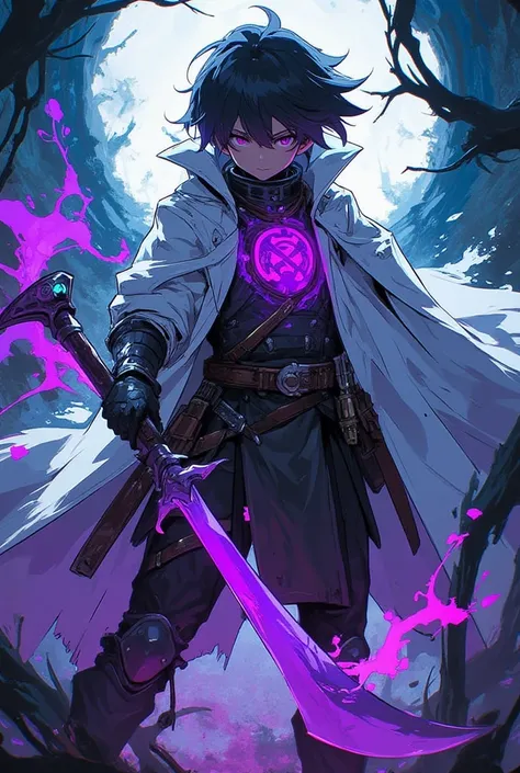 Short black-haired warrior boy , with armor,  wears a white coat over his armor with a purple symbol in the middle,  wears a powerful mystical scythe  