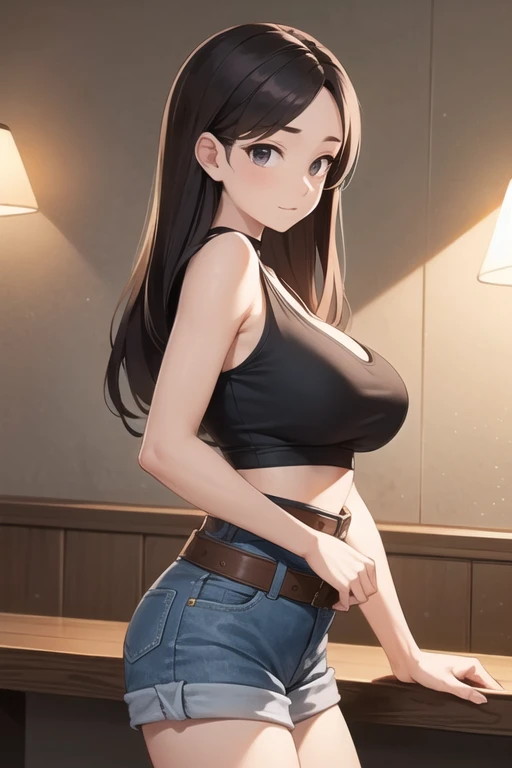 (masterpiece:1.2, best quality:1.2), ambient soft lighting, perfect lighting, 1girl, solo, Taiwanese woman, long hair, big breasts, (Wearing: Tight Black tank-top, brown leather belt, denim shorts)
