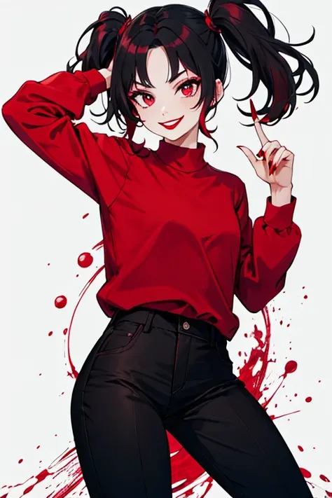 Short black hair with red locks, Ojos rojos,  red lipstick, long nails, red shirt,  black pants , double pigtails, Mute signal with your finger, crazy look,  mocking smile , great quality