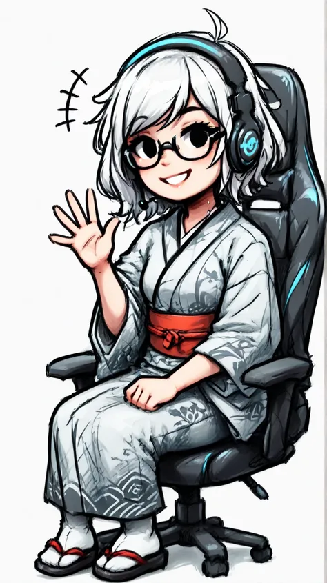 Japanese grandma. Short, wavy white hair. Black eyes. Wearing a dark grey Japanese kimono that reaches down to her ankles. Wearing glasses. A gaming headset. Sitting in a gaming chair. Streaming PC games. Full body. Drawn in American comic book style. Defo...