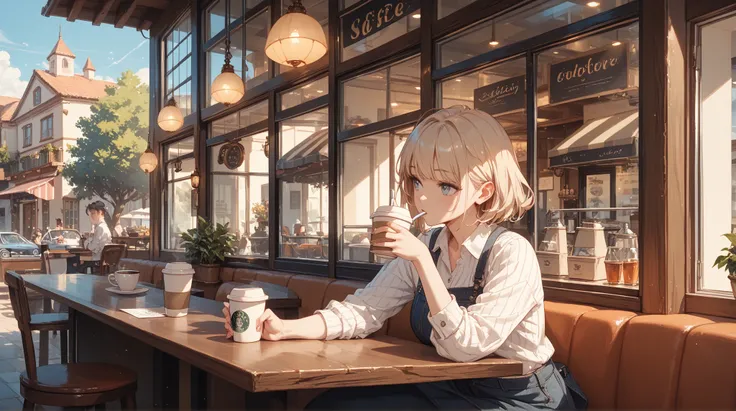 A lonely woman is looking out the window drinking coffee at a cafe