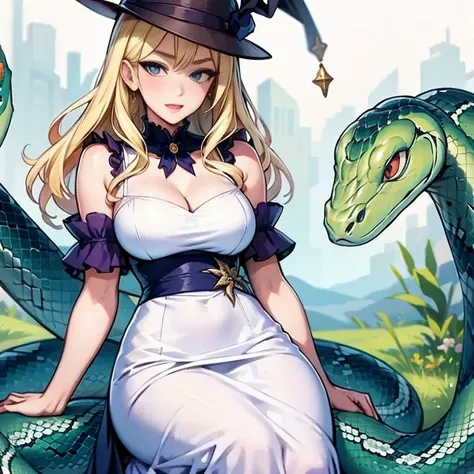 ( Masterpiece,   top quality:1.2),   beautiful woman、  dress  、snake、hat、  blond、