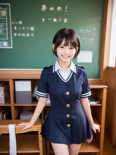 ( HD)、( high quality)、( short hair)、(tight, short-sleeved dress)、(Collared dress)、( dress with buttons on the chest)、( Japanese girl)、(Big Breasts:1.3)、(smile:1.3)、(Young face:1.4)、( are small:1.4)、(uniform:1.3)、( elementary school students)