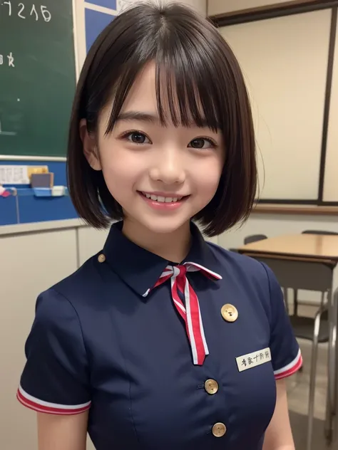 ( HD)、( high quality)、( short hair)、(tight, short-sleeved dress)、(Collared dress)、( dress with buttons on the chest)、( Japanese girl)、(Big Breasts:1.3)、(smile:1.3)、(Young face:1.4)、( are small:1.4)、(uniform:1.3)、( elementary school students)