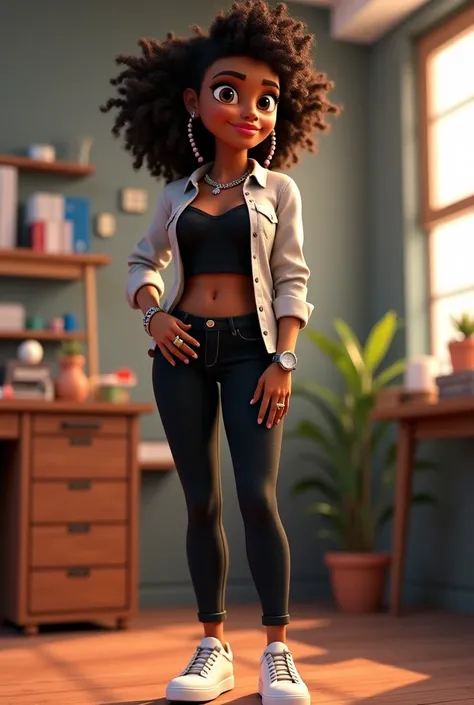 

" Create an animated character of a brown-skinned woman , with curves, curly hair with lights .  She is wearing black leggings ,  black strap blouse underneath an open button shirt , na cor jeans,  and white sneakers . She wears a necklace around her nec...