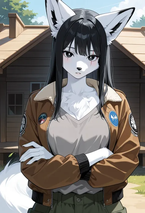 masterpiece, highres, absurdres, masterpiece, best quality, amazing quality, upper body, solo, 1girl, furry, fox girl, mature female, crossed arms, parted lips, looking at viewer, white fur, (body fur), (black hair), long hair, straight hair, bangs, black ...