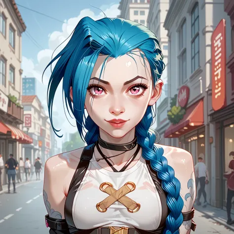 Jinx bends over on the streets of Zaun while Ekko fucks her looking at the camera