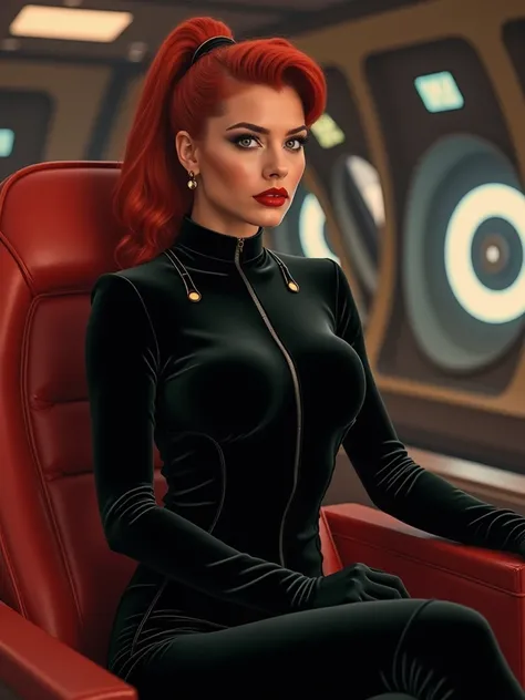 Female starship captain retro white velvet catsuit long red hair tied back full bodied curvy figure commanders seat code red ship is under attack & taking damage take us to light speed get us out of here! 