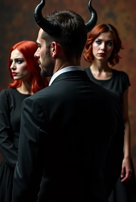 Create a book cover.  where there is an image of a man with horns and well dressed. A little further down there is a girl in a black dress with red hair wearing black makeup and a sad woman in the background. 