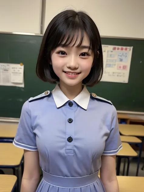 ( HD)、( high quality)、( short hair)、(tight, short-sleeved dress)、(Collared dress)、( dress with buttons on the chest)、( Japanese girl)、(Big Breasts:1.3)、(smile:1.3)、(Young face:1.4)、( are small:1.4)、(uniform:1.3)、( elementary school students)