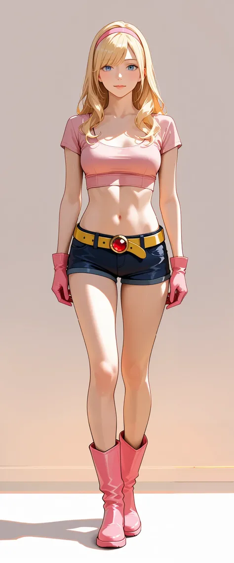 Adult woman, long hair, blonde, pink hairband , layered bangs, blue eyes, tall and fit body, medium chest, pink crop top, tight, scoop neckline, short sleeves, pink gloves, navel, dark blue shorts, leather, low-rise, yellow belt, red jewel round-shape buck...