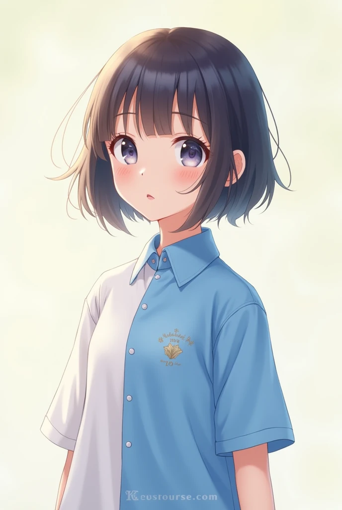 A girl wearing blue and white pant shirt anime