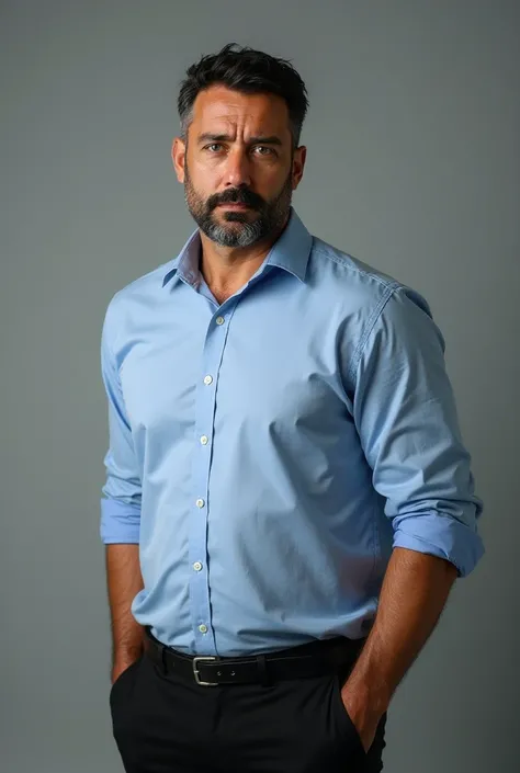 Attractive 44-year-old man ,high, height 1.90, black hair, Wrinkles and age lines on his face ,Short padlock beard , Robust and strong build with belly,light blue shirt , black dress pants , black shoes, blue eyes,Caucasian tanned skin , strong arms, tall ...