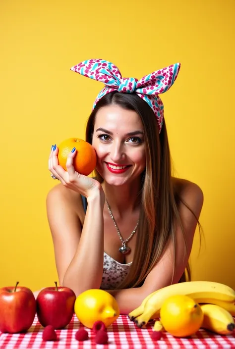 A vibrant and playful scene featuring a woman with long, sleek hair, wearing a colorful patterned scarf tied around her head in a retro style. She holds an orange in one hand while another orange rests against her arm. The background is minimal and bright,...