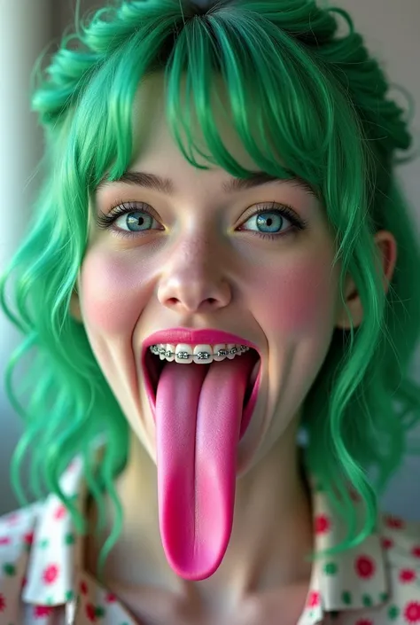 17-year-old blue-eyed, green-haired woman with pink hair showing a 20-centimeter tongue and wearing braces on her teeth