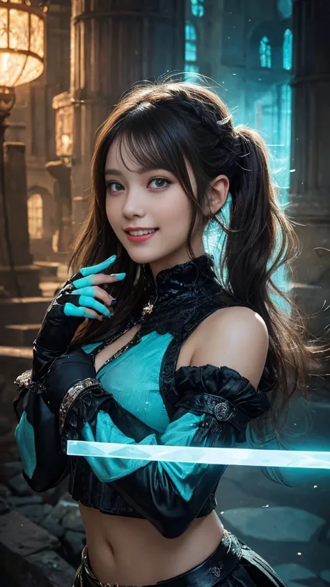  kick fighter girl,(turquoise color twintail hair),(turquoise eyes),(medieval fantasy ),(wearing black fighter  dress and scrystal accessories on her head 1.5),(decorated  crystal in her hand1.2), (grin 1.2),((ruins,glow effect background1.1)) ,half_up bod...