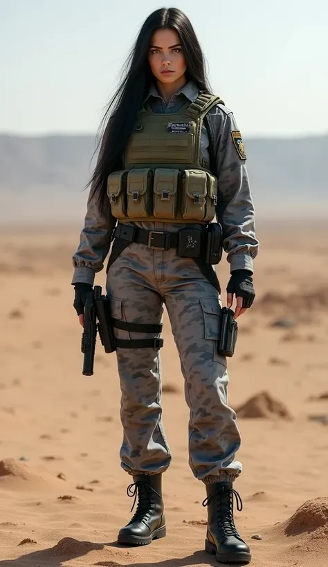 A female cop , with ballistic vest,  full gray camouflaged uniform, boot, pistol,  long straight black hair,  White woman,  take a serious look, desert background,