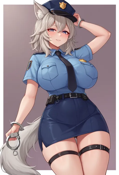 filian, 1girl, police, police uniform, policewoman, police hat, uniform, tail, animal ears, handcuffs, cuffs, necktie, skirt, hat, purple eyes, solo, pencil skirt, shirt, grey hair, thigh strap, belt, pocket, black belt, alternate costume, hair bell, bell,...