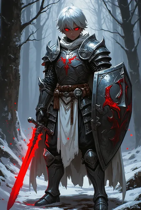 Warrior with gray armor  , young boy,  Short white hair, notebook style , completely bright red eyes ,  He wears a white robe over the armor ,  in the middle a red emblem  ,  In his right hand he carries a sword with a blade of red light and in his left ha...