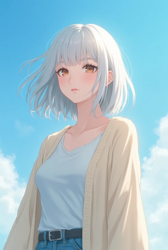   high quality,  HD, Age 18,  slim,  white hair, Shoulder-length wavy hair,  light brown eyes,  medium bust ,  beautiful boobs,  beautiful bridge,  wonderful beauty , shirt,   ivory cardigan ,  blue sky  ,  Beautiful scene ,  without raising her hands , St...