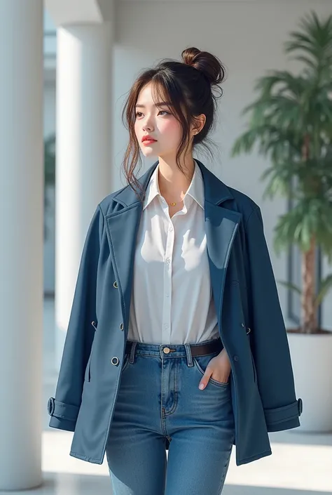 A girl with blue pants and white shirt and blue half jacket with long hair styled a bun